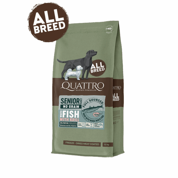 Quattro hundfoder Super Premium No Grain All Breed Senior/diet, White Fish & Krill – 12 kg