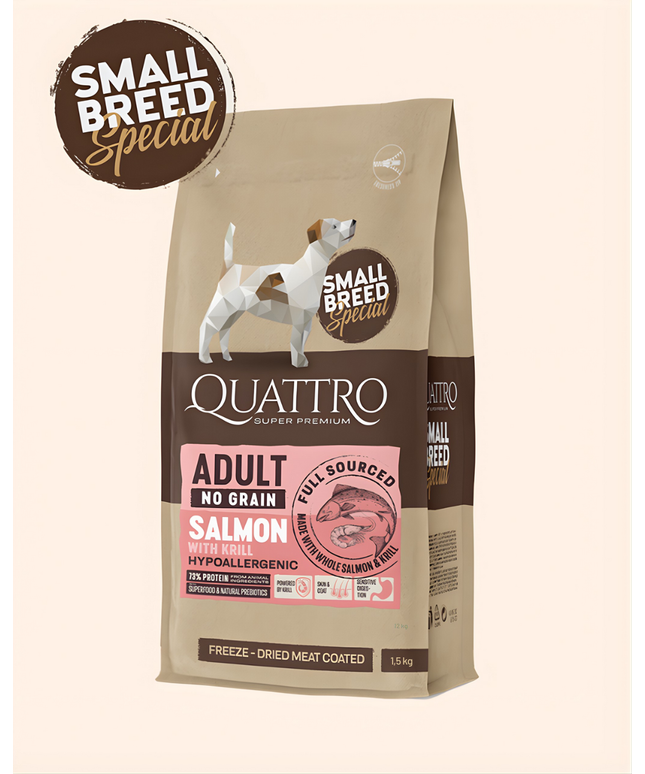Quattro Super Premium No Grain Small Breed Adult, Salmon & Krill 1,5kg