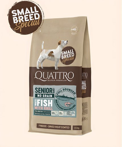 Quattro Super Premium No Grain Small Breed Senior/diet, White Fish & Krill 1,5kg