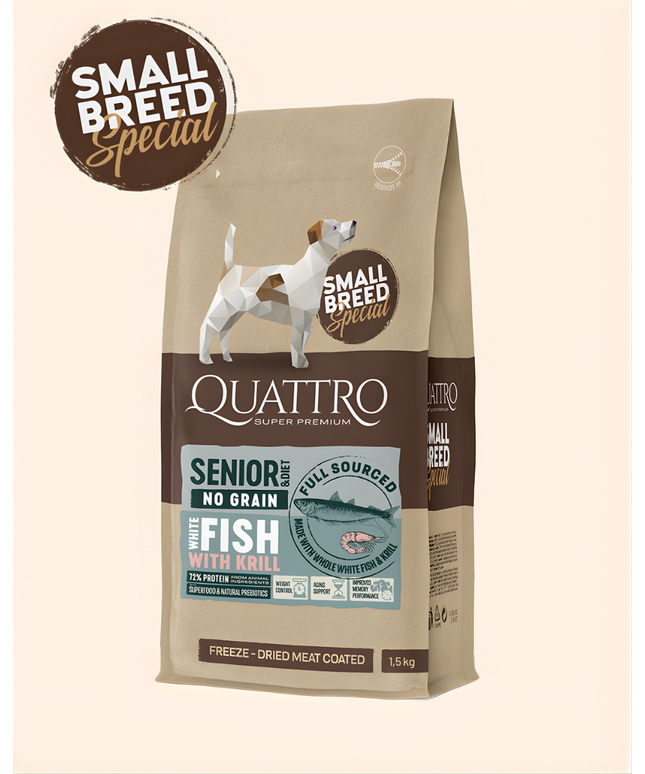 Quattro Super Premium No Grain Small Breed Senior/diet, White Fish & Krill 1,5kg