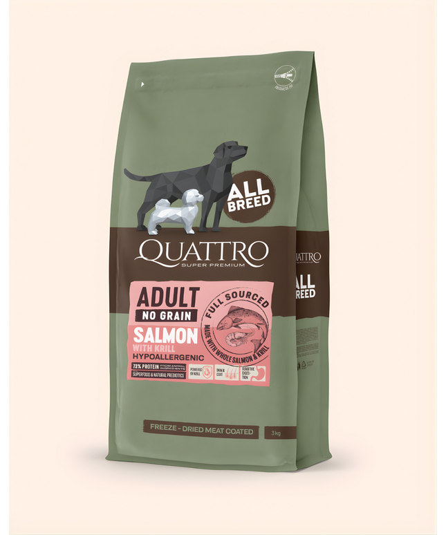 Quattro Super Premium No Grain All Breed Adult, Salmon & Krill 3kg