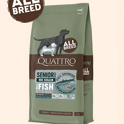 Quattro Super Premium No Grain All Breed Senior/diet, White Fish & Krill 3kg