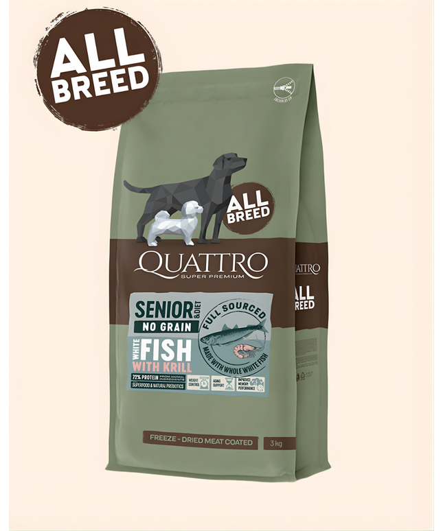 Quattro Super Premium No Grain All Breed Senior/diet, White Fish & Krill 3kg