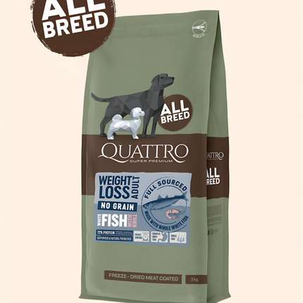 Quattro Super Premium No Grain All Breed Adult WEIGHT LOSS, White Fish & Krill 3kg