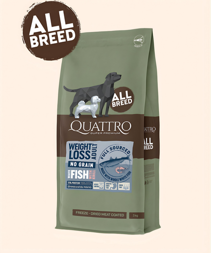 Quattro Super Premium No Grain All Breed Adult WEIGHT LOSS, White Fish & Krill 3kg