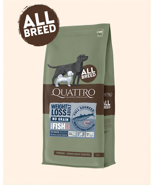 Quattro Super Premium No Grain All Breed Adult WEIGHT LOSS, White Fish & Krill 3kg