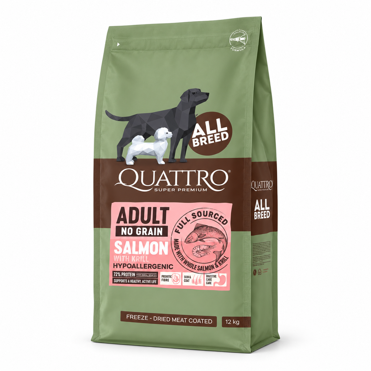 Quattro hundfoder Super Premium No Grain All Breed Adult, Salmon & Krill – 12 kg