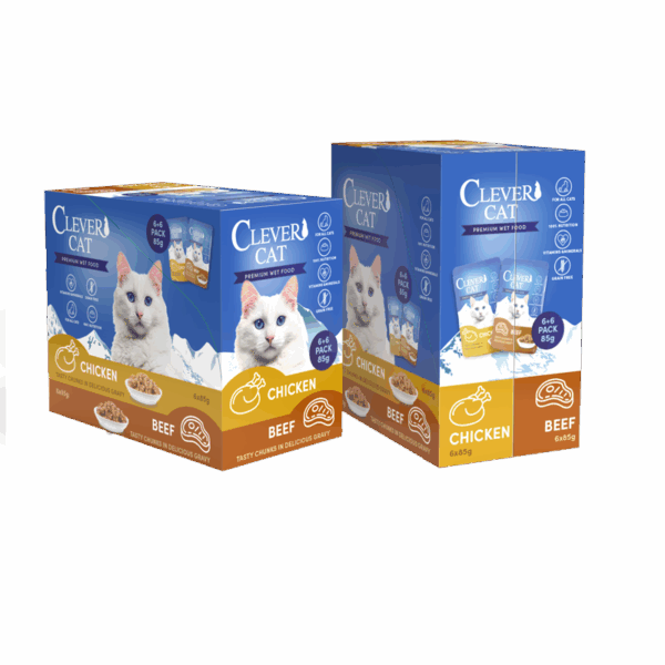 Clever Cat våtfoder i portionspåsar, blandade smaker – 12-pack