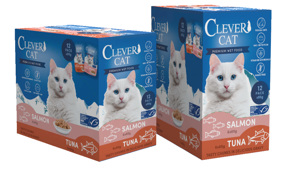 Clever Cat våtfoder i portionspåse med lax och tonfisk – 12-pack