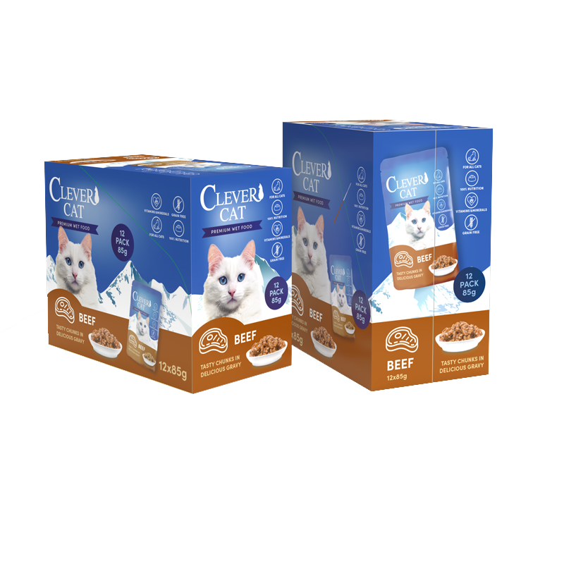 Clever Cat våtfoder i portionspåse med nötkött – 12 × 85 g