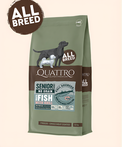 Quattro Super Premium No Grain All Breed Senior/diet, White Fish & Krill 12kg