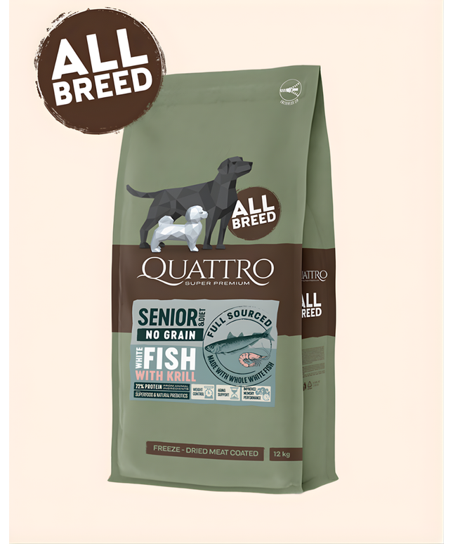 Quattro Super Premium No Grain All Breed Senior/diet, White Fish & Krill 12kg