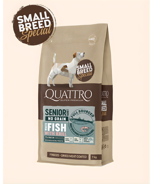Quattro Super Premium No Grain Small Breed Senior/diet, White Fish & Krill 7kg