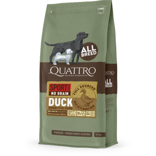 Quattro hundfoder Super Premium No Grain All Breed Adult Active, Duck – 12 kg