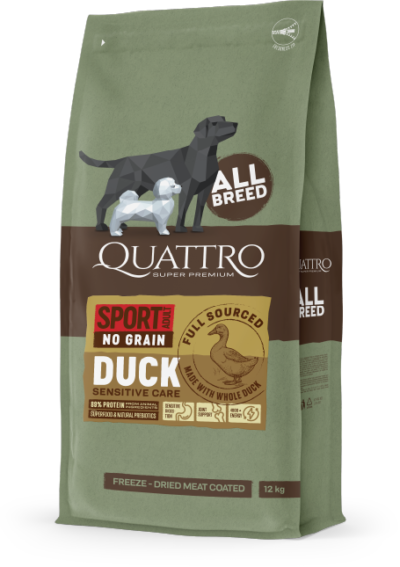 Quattro hundfoder Super Premium No Grain All Breed Adult Active, Duck – 12 kg