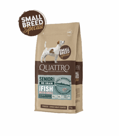 Quattro hundfoder Super Premium No Grain Small Breed Senior/diet, White Fish & Krill – 1,5 kg