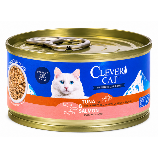 Clever Cat våtfoder med tonfisk och lax – 6 × 70 g