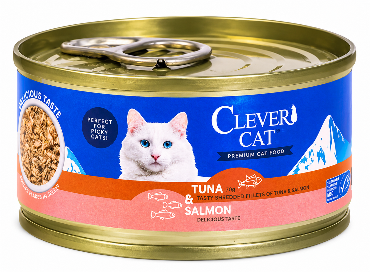 Clever Cat våtfoder med tonfisk och lax – 6 × 70 g