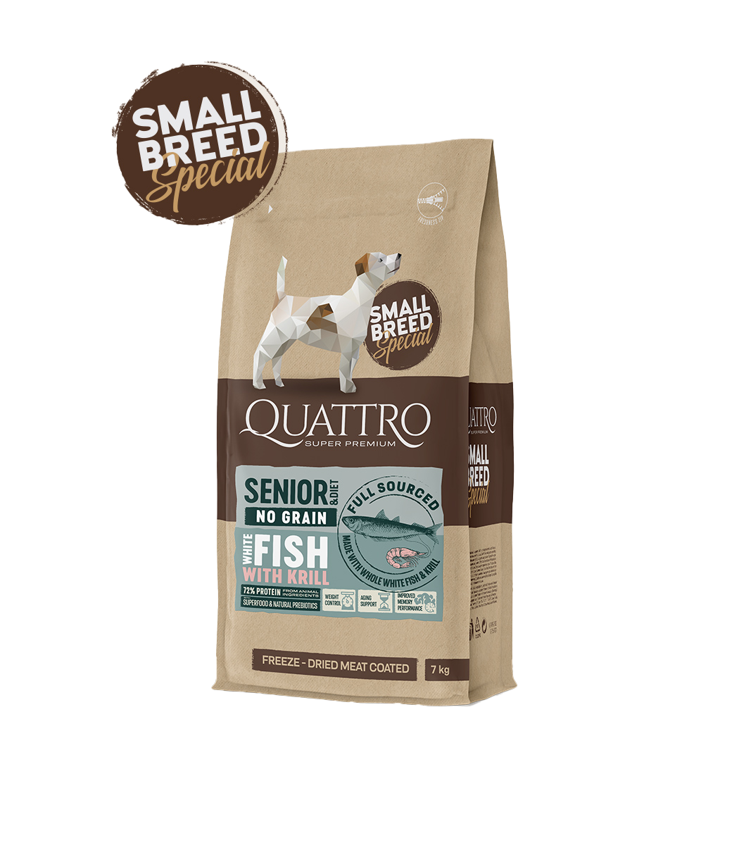 Quattro hundfoder Super Premium No Grain Small Breed Senior/diet, White Fish & Krill – 7 kg